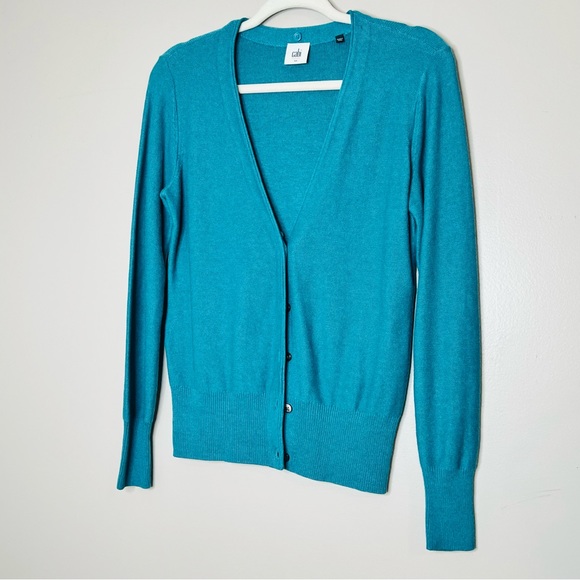 Cabi Small V Neck Button Front Teal Turquoise Sweater Cardigan Cotton Spring - Picture 2 of 10
